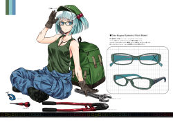 Rule 34 | 1girl, alternate costume, backpack, bag, bespectacled, blue eyes, blue hair, boots, character name, dirty, glasses, gloves, hair bobbles, hair ornament, hat, jewelry, kawashiro nitori, key, looking at viewer, matching hair/eyes, nabeshima tetsuhiro, necklace, pants, pliers, shirt, short hair, simple background, sitting, sleeveless, solo, text focus, tools, touhou, twintails, two side up, white background, wrench