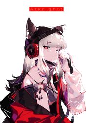 Rule 34 | 1girl, animal ears, arknights, bare shoulders, black hair, blush, breasts, copyright name, finn zoey, frostleaf (arknights), gradient hair, grey hair, hat, headphones, highres, implied extra ears, jacket, long hair, looking at viewer, material growth, multicolored hair, nail polish, one eye closed, oripathy lesion (arknights), red eyes, red nails, solo, two side up