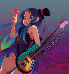 Rule 34 | 00s, 1girl, akiyama mio, ass, bass guitar, blue eyes, blue hair, colorful, don&#039;t say &quot;lazy&quot;, dress, female focus, fingerless gloves, flower, from below, gloves, guitar, hat, hip focus, instrument, k-on!, long hair, matching hair/eyes, minawa, mini hat, mini top hat, petals, rose, rose petals, solo, striped, thighs, top hat