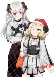 Rule 34 | absurdres, arknights, black skirt, blonde hair, closed mouth, collarbone, commentary request, curled horns, fur-trimmed headwear, fur trim, grey hair, hand on headwear, hat, highres, horns, ifrit (arknights), jacket, long hair, long sleeves, low twintails, material growth, nail polish, one eye closed, orange eyes, orange nails, oripathy lesion (arknights), parted bangs, parted lips, poyason, red headwear, santa hat, saria (arknights), shirt, simple background, skirt, smile, twintails, white background, white jacket, white shirt, white skirt