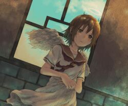 Rule 34 | 1girl, angel, angel wings, brown eyes, brown hair, brown neckerchief, brown sailor collar, commentary, cowboy shot, crosshatching, dress, dutch angle, feathered wings, haibane renmei, halo, hands on own stomach, hatching (texture), ichiromi, indoors, looking at viewer, neckerchief, own hands together, parted lips, rakka (haibane), sailor collar, short hair, short sleeves, solo, white dress, wind, window, wings