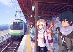 Rule 34 | 1boy, 3girls, athrun1120, backpack, bag, bench, blonde hair, blue jacket, blue sky, bow, braid, brown hair, candy, casual, coat, crown braid, day, denim, duffel coat, eating, food, hair bow, hand on own hip, hand up, jacket, jewelry, kagamigawa chloe, long hair, memories off, multiple girls, necklace, official art, outdoors, pink shirt, ribbed sweater, scarf, shirt, side ponytail, sitting, sky, standing, striped clothes, striped shirt, sweater, train, train station, train station platform, very long hair, wavy hair, white legwear, white scarf