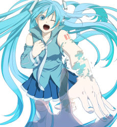 Rule 34 | 1girl, amputee, aqua hair, asymmetrical sleeves, bad id, bad pixiv id, blue eyes, blue hair, blue skirt, collarbone, collared shirt, cowboy shot, detached sleeves, digital dissolve, dissolving, dissolving clothes, floating hair, hair down, hair ornament, hatsune miku, hatsune miku no shoushitsu (vocaloid), long hair, looking at viewer, matching hair/eyes, miniskirt, nail polish, necktie, one eye closed, one side up, open mouth, out of frame, pleated skirt, pov, pov hands, reaching, shirt, simple background, skirt, solo focus, tattoo, tears, thighhighs, transparent, umishima senbon, uneven sleeves, very long hair, vocaloid, white background