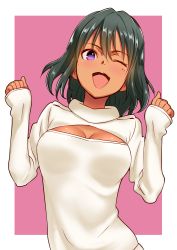 10s 1girl bad_id bad_twitter_id blush breasts cleavage cleavage_cutout clothing_cutout dark-skinned_female dark_skin female_focus green_hair idolmaster idolmaster_cinderella_girls inactive_account looking_at_viewer meme_attire natalia_(idolmaster) one_eye_closed open-chest_sweater open_mouth pettan_p purple_eyes short_hair simple_background smile solo sweater