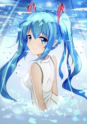 Rule 34 | 1girl, absurdres, blue eyes, blue hair, hair between eyes, hair ornament, hatsune miku, highres, long hair, looking at viewer, looking back, qingye ling, shirt, sleeveless, sleeveless shirt, smile, solo, twintails, upper body, very long hair, vocaloid, white shirt