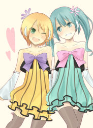 Rule 34 | 2girls, aqua eyes, aqua hair, bad id, bad pixiv id, blonde hair, bow, colorful x melody (vocaloid), detached sleeves, dress, fang, green eyes, grin, hatsune miku, highres, kagamine rin, multiple girls, one eye closed, project diva, project diva (series), project diva 2nd, simple background, smile, strapless, strapless dress, thighhighs, twintails, vocaloid, wadaka, wink