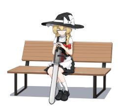 Rule 34 | 1girl, absurdres, apron, bench, black footwear, black hat, black skirt, bow, braid, chainsaw, closed eyes, closed mouth, commentary request, cookie (touhou), flat chest, frilled apron, frills, full body, hair between eyes, hair bow, hat, hat bow, highres, holding, holding chainsaw, kirisame marisa, loafers, medium bangs, on bench, red bow, shirt, shoes, short sleeves, side braid, simple background, single braid, sitting, skirt, skirt set, smile, socks, solo, star (symbol), suzu (cookie), touhou, traveler hxy, waist apron, white apron, white background, white bow, white shirt, white socks, witch hat, wooden bench