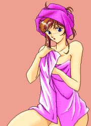 Rule 34 | 1990s (style), 1girl, 5 jikanme no venus, blue eyes, blush, brown hair, facing viewer, fairy dust, game cg, lowres, naked towel, pc98, pixel art, retro artstyle, simple background, solo, tagme, towel, towel on head