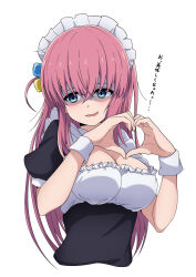 Rule 34 | 1girl, absurdres, alternate costume, blue eyes, bocchi the rock!, breasts, cleavage, cube hair ornament, enmaided, gotoh hitori, hair ornament, hands up, heart, heart hands, highres, long hair, maid, maid headdress, medium breasts, nishizuki shino, one side up, pink hair, simple background, solo, white background, wrist cuffs