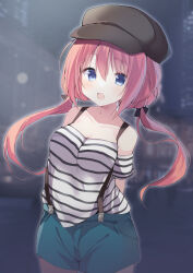 Rule 34 | 1girl, :d, absurdres, arms behind back, bare shoulders, black bow, black hat, blue eyes, blue shorts, blush, bow, breasts, casual, cleavage, collarbone, commentary request, cowboy shot, eyelashes, eyes visible through hair, floating hair, hair between eyes, hair bow, hat, highres, large breasts, long hair, looking at viewer, low twintails, night, official alternate costume, open mouth, outdoors, peaked cap, red hair, ren&#039;ai karichaimashita, shirt, short sleeves, shorts, smile, solo, standing, striped clothes, striped shirt, suspender shorts, suspenders, takepoison, tenma hasumi, twintails, white shirt