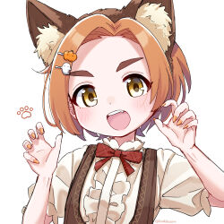 Rule 34 | 1girl, :d, animal ears, artist name, blush, bow, bowtie, brown dress, brown eyes, center frills, claw pose, commentary request, dress, fake animal ears, fang, fingernails, food-themed hair ornament, forehead, frilled sleeves, frills, ghost hair ornament, hair ornament, hands up, highres, idolmaster, idolmaster cinderella girls, idolmaster cinderella girls starlight stage, long fingernails, looking at viewer, marui kado, nail polish, open mouth, orange hair, orange nails, parted bangs, paw print, pinafore dress, puffy short sleeves, puffy sleeves, pumpkin hair ornament, red bow, red bowtie, ryuzaki kaoru, sharp fingernails, shirt, short hair, short sleeves, simple background, sleeveless, sleeveless dress, smile, solo, teeth, thick eyebrows, twitter username, upper body, upper teeth only, white background, white shirt, wolf ears