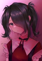 Rule 34 | 1girl, :/, absurdres, ame-chan (needy girl overdose), black hair, blue eyes, hair over one eye, highres, looking at viewer, mang, needy girl overdose, red shirt, shirt, simple background, solo, strap, twintails