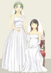 Rule 34 | 2girls, absurdres, alternate costume, alternate hairstyle, bare shoulders, black hair, blue bow, blue eyes, blunt bangs, bow, breasts, bridal veil, chair, cleavage, commentary request, corsage, dress, earrings, elbow gloves, embroidered dress, embroidery, female focus, flower, gloves, green hair, hair bow, hakurei reimu, hand on own stomach, highres, holding hands, ips cells, jewelry, kochiya sanae, medium breasts, medium hair, mokutan (link machine), multiple girls, necklace, on chair, open mouth, parted bangs, pearl necklace, pregnant, red bow, red eyes, sidelocks, simple background, sitting, sleeveless, sleeveless dress, small breasts, standing, strapless, strapless dress, tiara, touhou, veil, wedding dress, white dress, white flower, white gloves, wife and wife, yuri