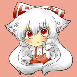 Rule 34 | 1girl, animal ears, bad id, bad pixiv id, blush, bow, cat ears, cat girl, cat tail, chibi, fang, female focus, fujiwara no mokou, hair bow, hands in pockets, kemonomimi mode, long hair, pants, rebecca (keinelove), red eyes, shirt, silver hair, simple background, smile, solo, suspenders, tail, touhou