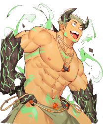 Rule 34 | 1boy, abs, absurdres, bara, bare pectorals, bulge, cowboy shot, demon boy, fighting stance, gondom, green hair, highres, horns, jewelry, large pectorals, loincloth, male focus, manly, muscular, navel, necklace, nipples, orange eyes, original, pectorals, revealing clothes, sharp teeth, short hair, simple background, solo, tagme, teeth, thick thighs, thighs, tongue, tongue out, topless male