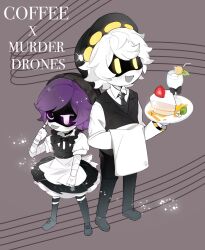 Rule 34 | 1boy, 1girl, angry, apron, beanie hat, cake, drink, food, glitch productions, hat, highres, keno (uynay), maid, maid apron, murder drones, n (murder drones), purple eyes, purple hair, ribbon, robot, size difference, tail, thighhighs, uzi (murder drones)