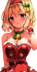 Rule 34 | alice margatroid, alternate breast size, alternate costume, arm behind head, bad id, bad pixiv id, bare shoulders, bell, belt, belt buckle, blonde hair, blue eyes, blush, bow, bowtie, breasts, brown belt, buckle, capelet, christmas, christmas ornaments, collarbone, commentary request, dress, frilled neckwear, frilled ribbon, frills, fur-trimmed dress, fur-trimmed hairband, fur-trimmed headwear, fur cuffs, fur trim, green bow, green ribbon, hair bell, hair between eyes, hair bow, hair ornament, hairband, hand in own hair, hand up, heart, heart-shaped buckle, highres, large breasts, neck ribbon, off-shoulder dress, off shoulder, open mouth, partial commentary, pom pom (clothes), red dress, red hairband, red neckwear, ribbon, santa costume, shangurira, short hair, shy, sidelocks, simple background, solo, steam, touhou, wavy hair, white background, wrist cuffs