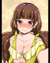 Rule 34 | 1girl, amanogawa kirara, bare shoulders, blunt bangs, blush, breasts, brown hair, cleavage, clothes pull, downblouse, earrings, go! princess precure, hairband, hone (koppun), jewelry, long hair, looking at viewer, low twintails, off shoulder, precure, purple eyes, reaching, reaching towards viewer, selfie, shirt pull, smile, solo, star (symbol), star earrings, twintails