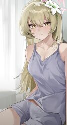 Rule 34 | 1girl, blue archive, blush, camisole, closed mouth, collarbone, cowboy shot, curtains, flower, grey camisole, grey shorts, hair between eyes, hair flower, hair ornament, halo, highres, indoors, light brown hair, long hair, looking at viewer, nagisa (blue archive), ori (0rizuru), pink flower, pink halo, shorts, solo, white flower, yellow eyes