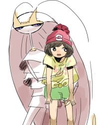 Rule 34 | 1girl, antennae, bad id, bad twitter id, bare arms, beanie, bent over, black hair, bug, cockroach, creatures (company), floral print, game freak, gen 7 pokemon, grabbing, grabbing from behind, green shorts, hat, insect, leaning forward, legendary pokemon, looking away, looking to the side, nintendo, no nose, open mouth, pheromosa, pleo, pokemon, pokemon (creature), pokemon sm, red hat, selene (pokemon), short hair, short sleeves, shorts, simple background, swept bangs, teeth, tiara, ultra beast, white background