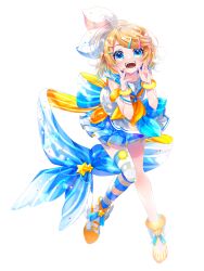 Rule 34 | 1girl, :d, blonde hair, blue eyes, blue sailor collar, blue skirt, hair ribbon, hairpin, hand to own mouth, hands up, highres, kagamine rin, looking at viewer, multiple bracelets, multiple hairpins, nail polish, neckerchief, open mouth, orange neckerchief, pleated skirt, ribbon, sailor collar, shirayuki towa, short hair, single thighhigh, skirt, smile, solo, striped clothes, striped thighhighs, thighhighs, vocaloid, white background, white ribbon