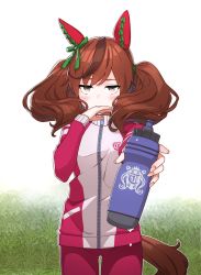 Rule 34 | 1girl, animal ears, blush, bottle, bow, breasts, brown hair, ear covers, emblem, fingernails, giving, grass, hair bow, hair tie, hand up, highres, horse ears, horse girl, horse tail, jacket, jitome, long hair, looking at viewer, multicolored hair, nice nature (umamusume), pants, poaro, small breasts, solo, tail, thick thighs, thighs, track jacket, track pants, two-tone hair, umamusume, water bottle, white background, wiping mouth, yellow eyes