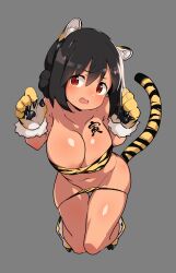 Rule 34 | 1girl, absurdres, animal ears, animal hands, areola slip, bare shoulders, bikini, bikini pull, blush, body writing, braid, breasts, buta-don, chinese zodiac, cleavage, clothes pull, commentary, fang, floating, frown, full body, gloves, grey background, groin, head tilt, highres, large breasts, legs up, looking at viewer, navel, open mouth, original, paw gloves, red eyes, short hair, simple background, skindentation, solo, strapless, strapless bikini, swimsuit, tail, textless version, thigh gap, tiger ears, tiger tail, year of the tiger, yellow bikini, yellow footwear, yellow gloves