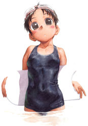 Rule 34 | black one-piece swimsuit, blush, brown eyes, brown hair, child, goggles, kickboard, one-piece swimsuit, pool, satou toshiyuki, school swimsuit, simple background, solo, swimsuit, wading, white background