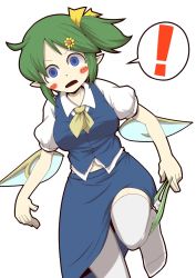 Rule 34 | !, 1girl, ascot, blue eyes, blush stickers, bow, daiyousei, fairy wings, green hair, green panties, open mouth, panties, panties around leg, pointy ears, short hair, side ponytail, simple background, skirt, skirt set, solo, spoken exclamation mark, surprised, touhou, underwear, wings, zannen na hito