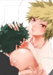 Rule 34 | 10s, 1boy, 1girl, age difference, artist request, bakugou mitsuki, between breasts, blonde hair, blush, boku no hero academia, breasts, face between breasts, freckles, green hair, head between breasts, midoriya izuku, mature female, nipples, red eyes, smile, tagme, tears, white background