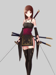 Rule 34 | 1girl, absurdres, bad id, bad pixiv id, bare shoulders, black thighhighs, breasts, brown hair, detached sleeves, dual wielding, expressionless, grey background, highres, holding, katana, original, red eyes, see n, sheath, simple background, small breasts, solo, standing, sword, thighhighs, weapon