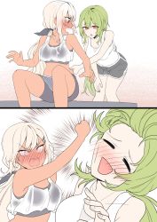 Rule 34 | 2girls, bare arms, bare shoulders, bench, black shorts, breasts, cleavage, closed mouth, collarbone, commission, crop top, crop top overhang, dark-skinned female, dark skin, dolphin shorts, dulldull, embarrassed, girls&#039; frontline, green hair, hair ornament, hairclip, highres, large breasts, leaning forward, long hair, looking at another, m590 (girls&#039; frontline), midriff, mk48 (girls&#039; frontline), multiple girls, open mouth, orange eyes, pixiv commission, red eyes, see-through, shirt, short shorts, shorts, sitting, sleeveless, sleeveless shirt, smile, sports bra, standing, stomach, sweat, thighs, v-shaped eyebrows, very long hair, white background, white hair, white shirt