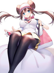 Rule 34 | 1girl, bag, bed sheet, black legwear, blouse, blue eyes, breasts, brown hair, cleavage, creatures (company), feet out of frame, female focus, floating hair, game freak, hair between eyes, hat, highres, holding, large breasts, long hair, looking at viewer, meiji schoolgirl uniform, nintendo, open mouth, pink bag, pink ribbon, poke ball, pokemon, pokemon bw, ribbon, ririko (zhuoyandesailaer), rosa (pokemon), shiny clothes, shiny skin, shirt, short sleeves, sitting, skin tight, skirt, solo, twintails, visor cap, watch, white background, white hat, white shirt, yellow skirt