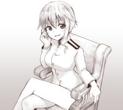 Rule 34 | 1girl, chair, grin, liar lawyer, military, military uniform, monochrome, sitting, smile, solo, strike witches, takei junko, uniform, world witches series