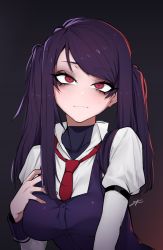 Rule 34 | 1girl, bartender, blush, breasts, commentary, english commentary, eyeshadow, fingernails, hand on own chest, j.k., jill stingray, juliet sleeves, long hair, long sleeves, makeup, necktie, puffy sleeves, purple hair, red eyes, red necktie, shirt, signature, solo, swept bangs, twintails, upper body, va-11 hall-a, vest, white shirt