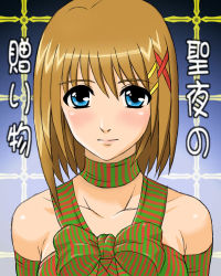 Rule 34 | 00s, 1girl, bare shoulders, bow, bowtie, choker, green bow, green bowtie, hair ornament, hairclip, looking at viewer, lyrical nanoha, mahou shoujo lyrical nanoha, mahou shoujo lyrical nanoha strikers, plaid, short hair, smile, solo, text focus, upper body, x hair ornament, yagami hayate