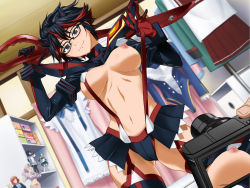 Rule 34 | 1girl, arm up, bedroom, black-framed eyewear, blush, breasts, breasts apart, cameltoe, camera, clownculture, cosplay, covering nipples, covering privates, cowboy shot, figure, from below, glasses, groin, highres, holding, holding camera, indoors, kill la kill, large breasts, legs, long sleeves, looking at viewer, looking down, male hand, matoi ryuuko, matoi ryuuko (cosplay), multicolored hair, naughty face, navel, nipples, original, otaku room, panties, revealing clothes, short hair, shrug (clothing), smile, solo focus, standing, suspenders, thighhighs, thighs, two-tone hair, underwear