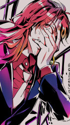 Rule 34 | 1boy, artist name, biting, black eyes, black jacket, blazer, collared shirt, dated, finger biting, fingernails, formal, hand over eye, hand over face, highres, ichijou seiya, jacket, kaiji, long hair, long sleeves, looking at viewer, male focus, medium bangs, necktie, open mouth, red hair, red shirt, shirt, solo, suit, unknown03162, upper body, white necktie