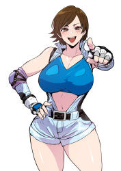 Rule 34 | 1girl, absurdres, belt, breasts, brown eyes, brown hair, cirenk, cleavage, gloves, hand on own hip, highres, kazama asuka, large breasts, looking at viewer, midriff, open mouth, pointing, pointing at viewer, short hair, shorts, sleeveless, smile, solo, tekken, thighs, wide hips