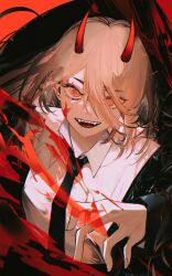 Rule 34 | 1girl, bad id, bad twitter id, black jacket, black necktie, blonde hair, blood, blood on face, blood splatter, chainsaw man, collared shirt, cross-shaped pupils, hair between eyes, halftone, highres, horns, jacket, john kafka, long hair, looking at viewer, necktie, open mouth, power (chainsaw man), red eyes, red horns, sharp teeth, shirt, smile, solo, symbol-shaped pupils, teeth, white shirt