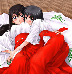 Rule 34 | 2girls, blush, breast pillow, female focus, hakama, hakama skirt, hug, japanese clothes, lying, miko, multiple girls, original, red hakama, skirt, tanaka shoutarou, yuri