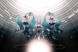 Rule 34 | 3girls, aqua eyes, aqua hair, aqua nails, aqua neckwear, bare shoulders, binary, black legwear, black skirt, blouse, boots, commentary, crypton future media, detached sleeves, closed eyes, facing to the side, facing viewer, fingers together, floating, from side, full body, glowing, hair ornament, hatsune miku, hatsune miku (nt), headphones, high heels, highres, light particles, long hair, miniskirt, multiple girls, multiple persona, nail polish, neck ribbon, official art, own hands together, piapro, pleated skirt, rella, ribbon, see-through, see-through legwear, see-through sleeves, shirt, shoulder tattoo, skirt, sleeveless, sleeveless shirt, tattoo, thigh boots, thighhighs, twintails, very long hair, vocaloid, white shirt, white sleeves, wide shot, zettai ryouiki