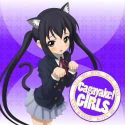 Rule 34 | 00s, 1girl, album cover, animal ears, black hair, brown eyes, cat ears, cat girl, cat tail, cover, female focus, highres, k-on!, long hair, mzd421, nakano azusa, neck ribbon, paw pose, red ribbon, ribbon, school uniform, solo, tail, twintails