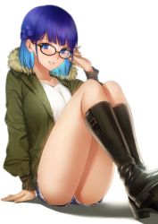 Rule 34 | 1girl, arm support, asaba0327, ass, bad id, bad twitter id, black-framed eyewear, black footwear, blue eyes, blue hair, blush, boots, braid, breasts, buttons, collarbone, cutoffs, denim, denim shorts, french braid, fur collar, glasses, green jacket, grin, hand up, highres, jacket, knee boots, knees up, large breasts, long sleeves, looking at viewer, multicolored hair, no socks, open clothes, open jacket, original, round eyewear, shadow, shirt, short hair, short shorts, shorts, sidelocks, simple background, sitting, smile, solo, thighs, two-tone hair, white background, white shirt