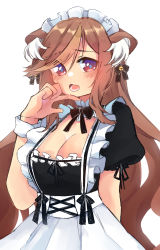 Rule 34 | 1girl, alternate costume, animal ear fluff, animal ears, apron, black bow, black dress, bow, breasts, choker, cleavage, commentary, dress, english commentary, frilled choker, frills, hazumi aileen, highres, indie virtual youtuber, leech (leecchie), lion ears, lion girl, long hair, maid apron, maid headdress, medium breasts, open mouth, solo, very long hair, virtual youtuber, white background, wrist cuffs