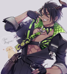 Rule 34 | 1boy, abs, absurdres, aragami oga, belt, belt pouch, black hair, black shirt, character name, chest guard, cm10th, collar, dark-skinned male, dark skin, dog, earrings, finger to mouth, gem, gloves, golden retriever, green eyes, green gemstone, grey background, grin, hair between eyes, hand on own hip, hand up, high collar, highres, holostars, horns, jewelry, looking at viewer, male focus, necktie, open clothes, open shirt, partially fingerless gloves, pectoral cleavage, pectorals, pouch, sam browne belt, sharp teeth, shirt, simple background, single earring, single horn, smile, solo, teeth, upper body, virtual youtuber