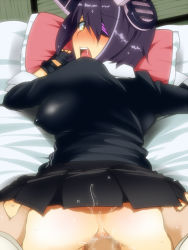 Rule 34 | 10s, 1girl, anal, black hair, blush, breasts, censored, covered erect nipples, eyepatch, fingerless gloves, gloves, hair ornament, hyudora, impossible clothes, impossible shirt, kantai collection, large breasts, lying, no panties, nose blush, on stomach, penis, pillow, pov, sex, shirt, short hair, skirt, solo focus, tenryuu (kancolle), top-down bottom-up, yellow eyes