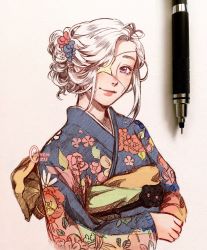 Rule 34 | 1girl, art tools in frame, bad id, bad twitter id, blue kimono, clivenzu, closed mouth, commentary, english commentary, eyepatch, floral print, flower, hair bun, hair flower, hair ornament, highres, japanese clothes, kimono, long sleeves, looking at viewer, medical eyepatch, obi, one-eyed, one eye covered, original, pen, photo (medium), purple eyes, red flower, sash, simple background, single hair bun, smile, twitter username, upper body, watermark, white background, white flower, white hair