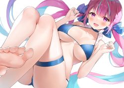 Rule 34 | 1girl, :d, ayamy, bare legs, barefoot, bikini, blue bikini, blue choker, blue hair, blue nails, blue ribbon, blush, breasts, choker, colored inner hair, foreshortening, hair ribbon, halterneck, hands up, hololive, large breasts, long hair, looking at viewer, minato aqua, multicolored hair, nail polish, open mouth, pink hair, purple eyes, ribbon, simple background, smile, soles, solo, string bikini, swimsuit, thigh strap, toes, twintails, very long hair, virtual youtuber, white background