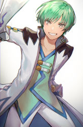 Rule 34 | 1boy, belt, coat, collarbone, commentary request, green hair, grey eyes, highres, holding, holding sword, holding weapon, male focus, pants, penguu (green528), sheath, shirt, smile, solo, spada belforma, standing, sword, tales of (series), tales of innocence, unsheathed, weapon